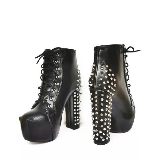 Dipsloot Punk Black Leather Spikes Lace Up Platform Ankle Boots Round Toe Chunky Heels Party Club High Heels Short Boots Shoes