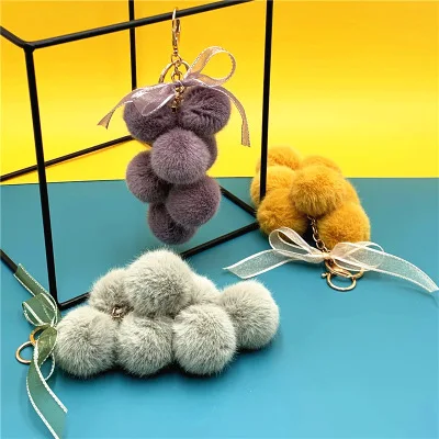 New Fruit Pom Pom Ball Key Chain Faux Rabbit Fur Pompom Grape Keychain Bag Pendant Charms Key Ring