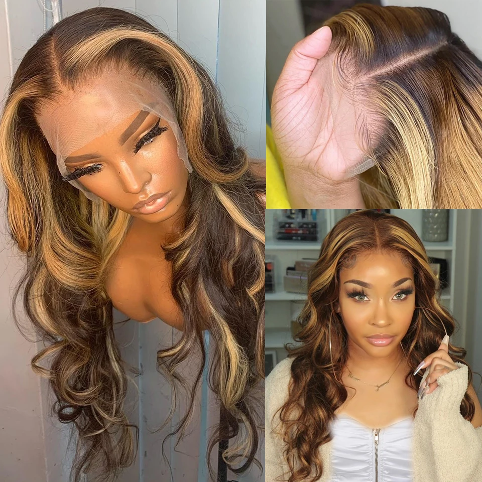 

Ombre Highlight Human Hair Wigs Body Wave Lace Wig Blonde Remy Hair 13x4 Lace Frontal Wig Ombre Brown Colored Hair Wig for Women