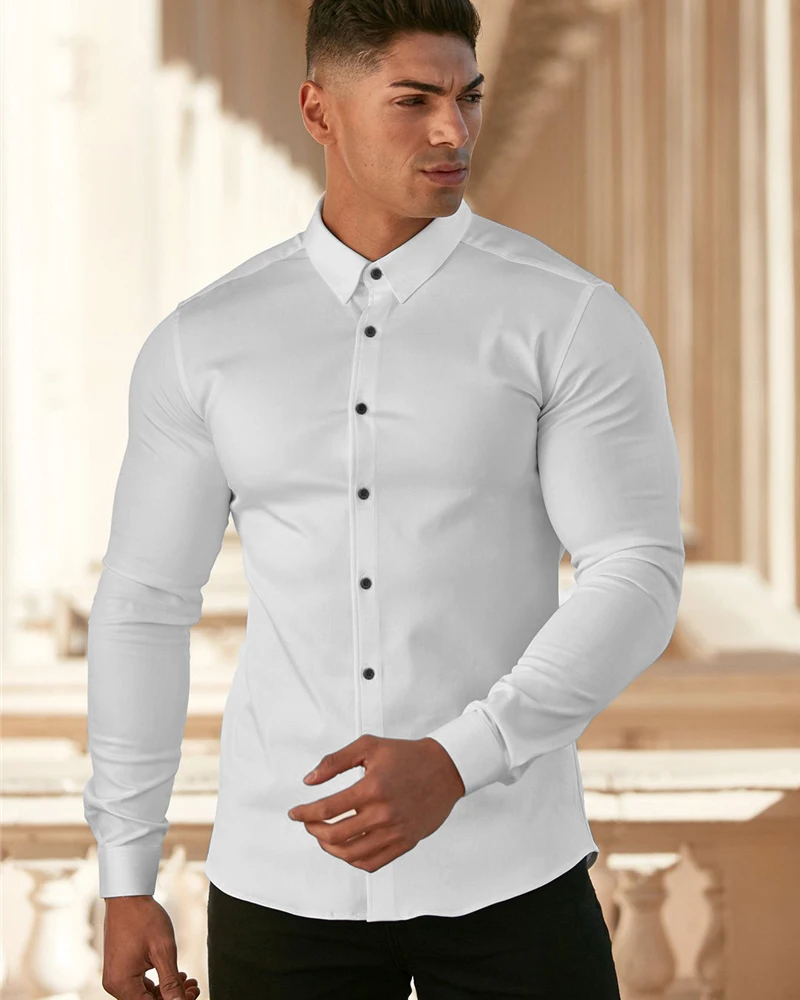 Autumn Fashion Long Sleeve Shirt Men Super Slim Fit Male Casual Social Business Dress Shirt Brand Men Fitness Sports Clothing