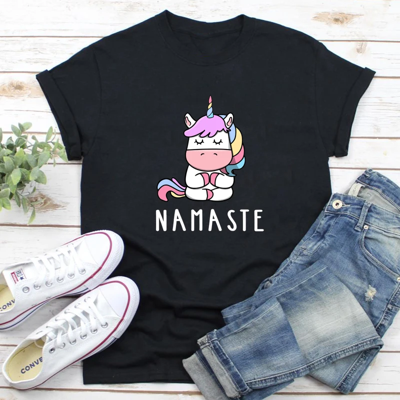 Namaste Yoga Unicorn Colored Print T-shirt Funny Meditation Graphic Tee Shirt Top Cute Women Gym Workout Tshirt Camiseta