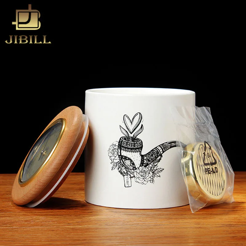 RU-JIBILL-Printed Ceramic Jar, Tobacco Humidor, Easy to Carry, Natural Beech Wood Lid, Cigar Tobacco Tea Coffee Beans, Candy