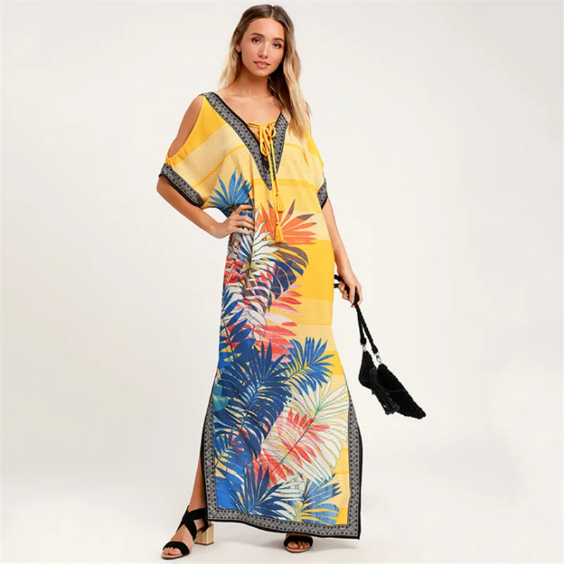 Bikini da donna Cover Up lungo giallo floreale Boho Maxi Robe De Plage abito da spiaggia scollo a V Sarong abiti da bagno Pareos De Playa Mujer