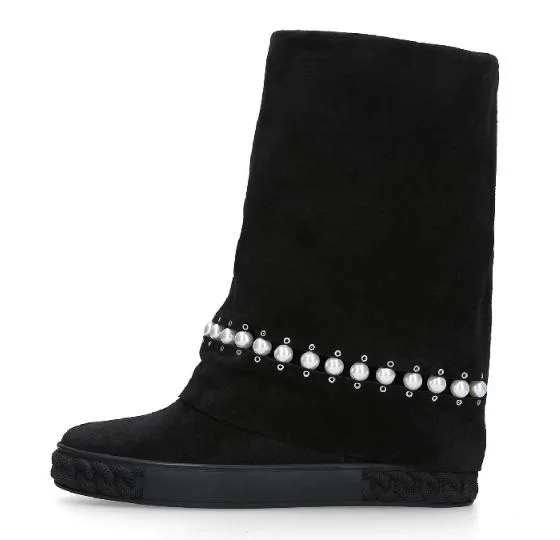 

Spring Woman Casual Shoes Black String Bead Pearls Height Increasing 8 cm Wedge Heel Mid-calf Boot Round Toe Short Slip On Boots