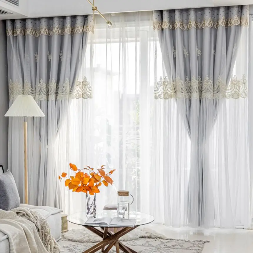 

Eropean Lace Embrodied Double Layers Curtains for Living Room Top-Rated Gray Princess Curtain for Bedroom Tulle Cloth Drapes