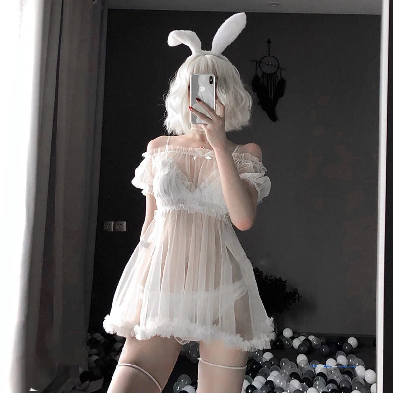 Kawaii Lace Nightdress Lingerie Pajamas Set for Women Off-Shoulder Tulle Temptation See Through Dress Erotic Cosplay Costumes