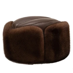 Mink Fur Caps Men Luxury Winter 100% Whole Marten Hair Genuine Leather Bomber Hats Male Thick Ear Warm Brown/Black Gorras Hombre