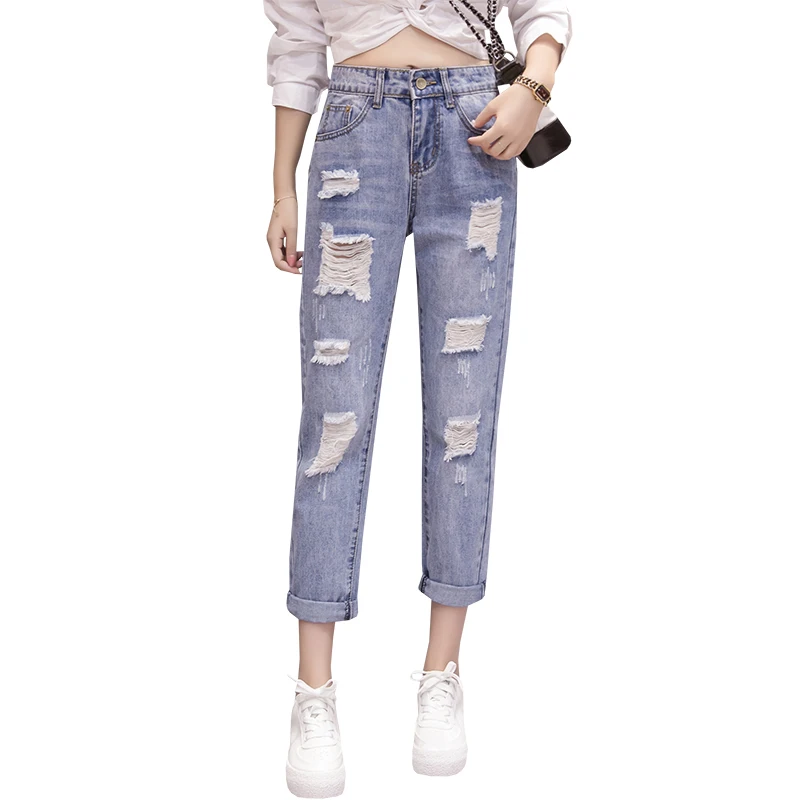 

Women's Straight Jeans High Waist Loose Denim Harem Pants Large Size Female Hole Jeans Spring Cowboy Ankle-Length Pants Y327