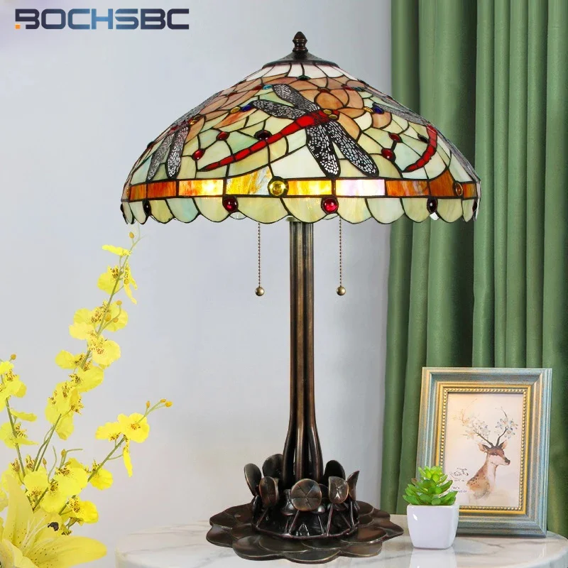 BOCHSBC Tiffany Style Table Light Red Dragonfly Shade Bronze Frame Lotus Casted Base 20 Inch Stained Glass Desk Lamps Luxury Art