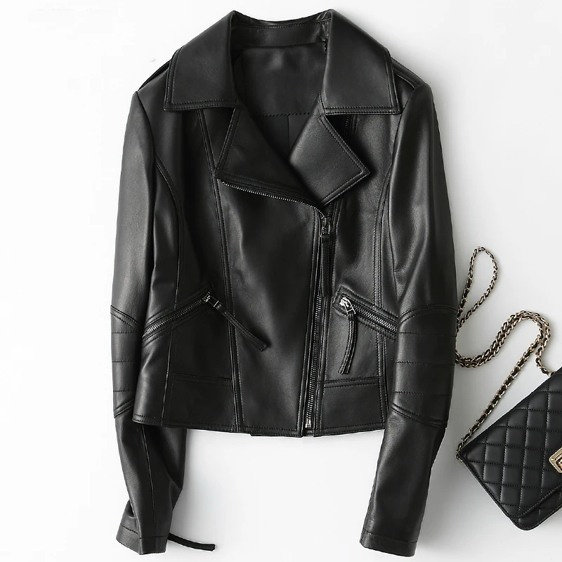 

Genuine Leather Jacket Motorcycles Women Short Spring Autumn Womens Sheepskin Coat Real Leather chaqueta mujer ZJZ007