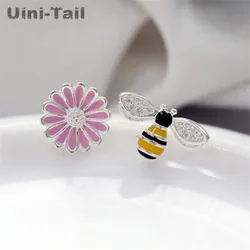 Uini Tail new design hot sale 925 Tibetan silver pink flower bee earrings Little fairy asymmetrical bee sun flower earrings