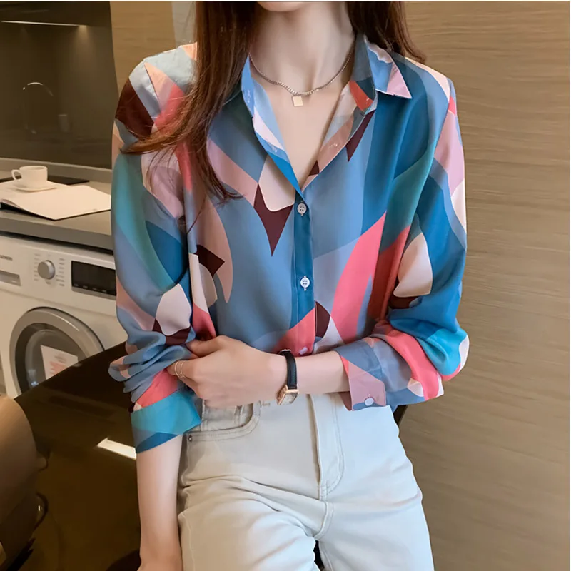 

Women Blouses Print Shirts Business Tops 2021 Autumn Chiffon Ladies Long Sleeve Chiffon Shirt Office Lady Vintage Y2K Trendy