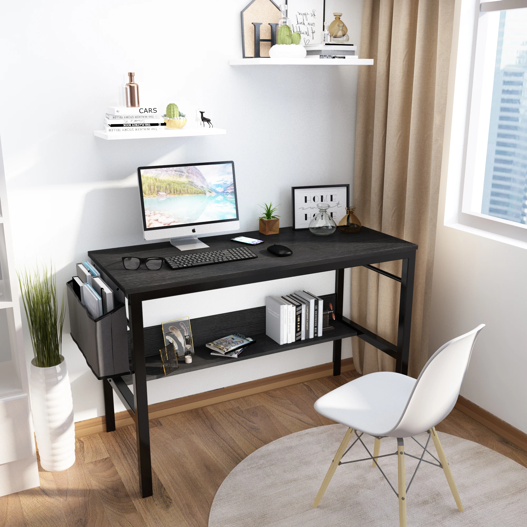 Home Office Computer Desk Industrial Accent Study Table Small Workstation  Writing Desk W/Storage Bag Shelf&Metal Headset Hook