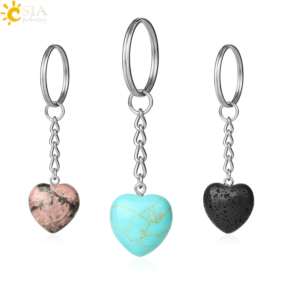 CSJA Heart Keychain Accessories Natural Stone Cute Door Car Keychains for Girls Couple DIY Motorcycle Key Chain Ring Holder G686