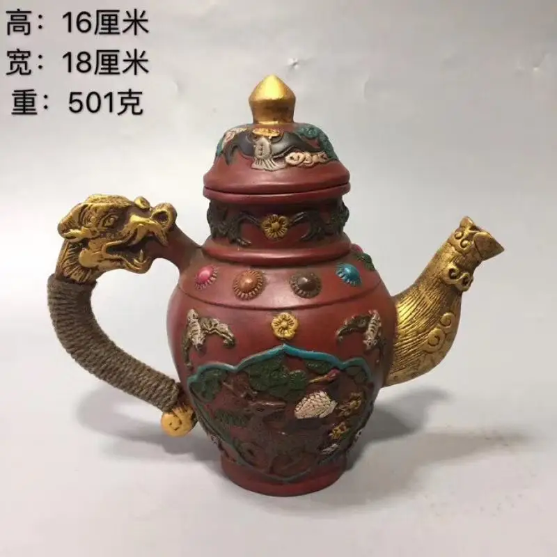 Collectable Chinese home decore Color painting Lacquer ware blessing longevity dragon Statue Handle teapot Water Tea Pot