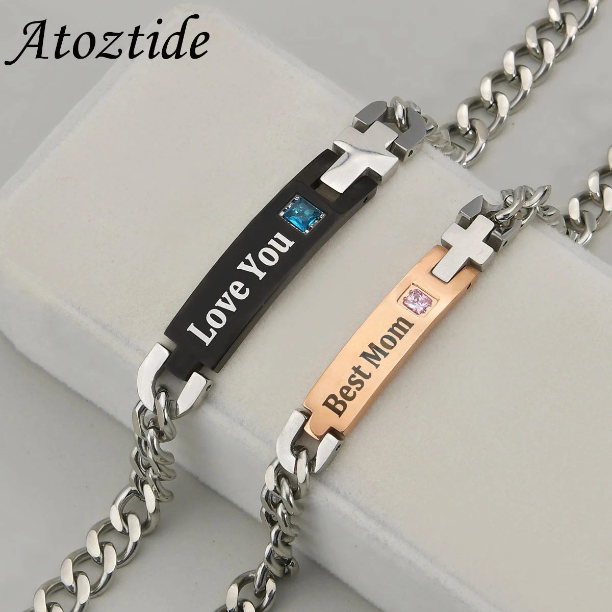 Atoztide Engrave Name Bar Nameplate Couple Lover Zircon Bracelet Stainless Steel For Men Women Adjustable Chain Jewelry Gift