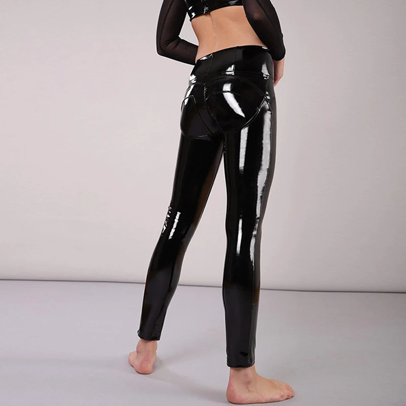 Shiny Patent Leather Pencil Pants Women High Waist Seamless Bodycon Legging PVC Leather Zip Slim Stretch Pants Nightclub Custom