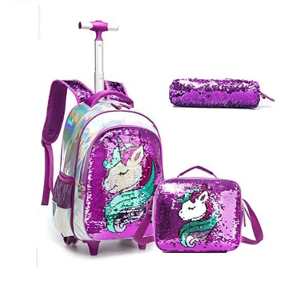 

Girls Rolling Backpacks 16 inch with Lunch Bag Pencil Case for Girls 16 Inch School Trolley Bags Set Kids Rolling Luggage Bag