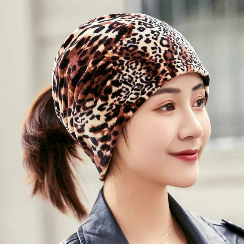 

Women Polyester Beanies Scarf Female Leopard Smile Floral five-pointed star Cap Summer Hat Stretchy Turban Skullies