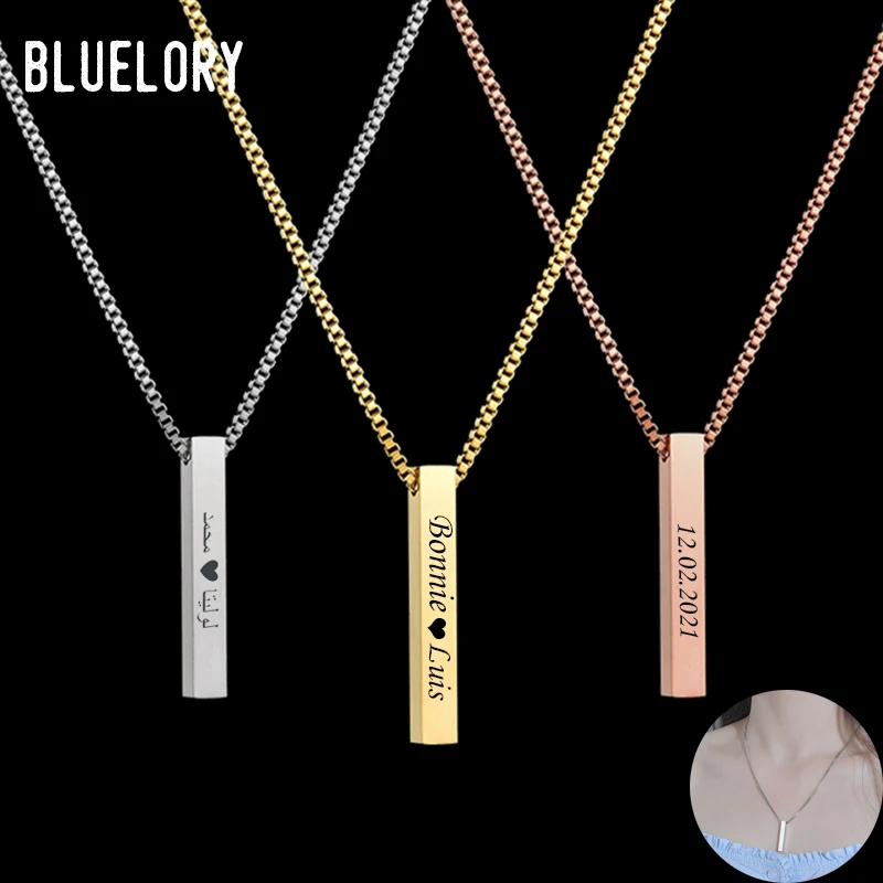 

Bluelory Personalized Stainless Steel Women Name Necklaces Gold Engraved Names Date Letters Bar Custom Jewelry Anniversary Gift