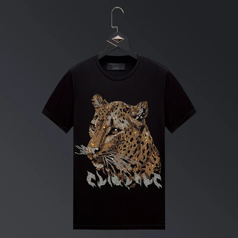 2024 Leopard Rhinestones Men T Shirts Streetwear Fashion Clothing Slim Modal Cotton O Neck Short Sleeve T-shirts Plus Size 6XL