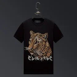 2024 Leopard Rhinestones Men T Shirts Streetwear Fashion Clothing Slim Modal Cotton O Neck Short Sleeve T-shirts Plus Size 6XL