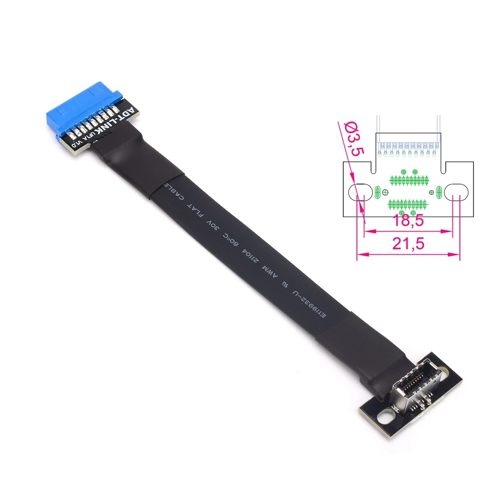 พับ Axial ข้อศอกแบนสายริบบิ้นแบบยืดหยุ่น USB 20Pin Type-E ซ็อกเก็ตภายใน 3.0 19Pin สําหรับ Aerial FPV 5Gbps