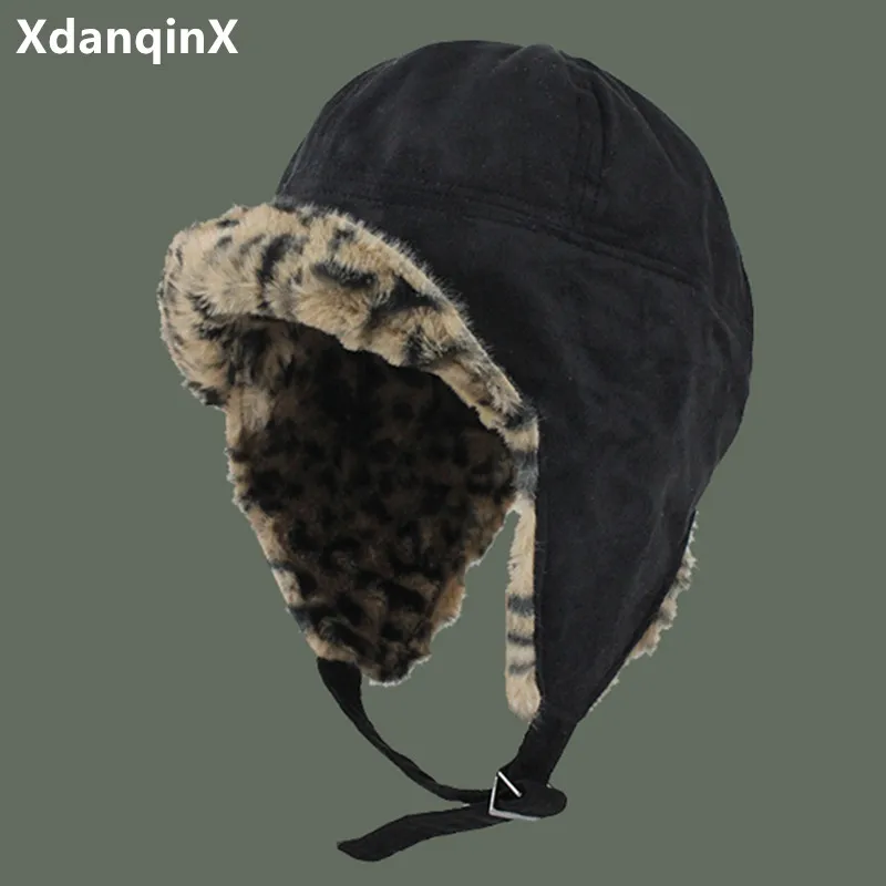 Winter Warm Hat For Men Women Plus Velvet Bomber Hats Double-sided Wearable Leopard Hat Earmuffs Caps Couples Cold Proof Ski Cap