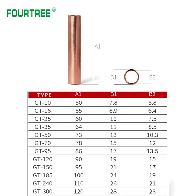 GT Copper Wire Cable Hole Passing Connecting Sleeve Tube Ferrule Lug Connector Crimp Terminal GT-10/16/25/35/50/70/95/120mm2