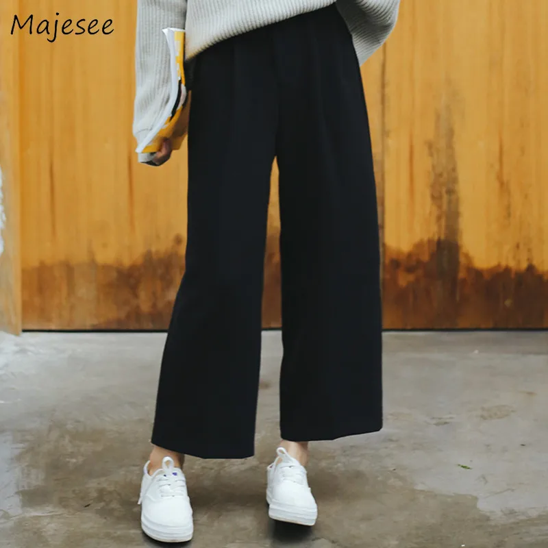 Pants Women Wide Leg Black Elegant Solid High-waist Pleated Ankle-length Elastic Waist Womens Korean Style Casual Daily Fashion