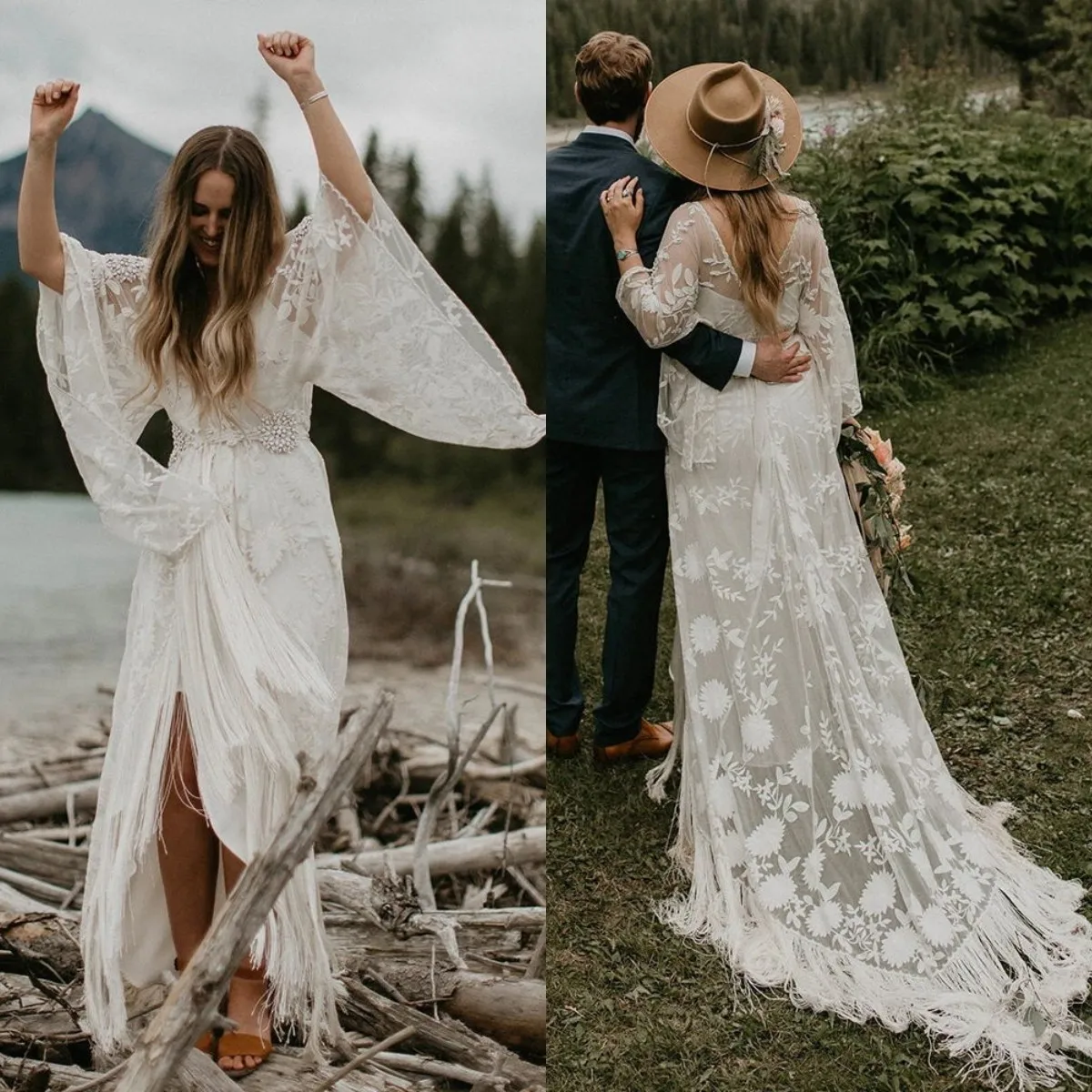 Flare Long Sleeve Boho Wedding Dresses Fringes Bohemian GYPSY Bridal Gowns Tassel V Neck Lace Vestido de Noivas