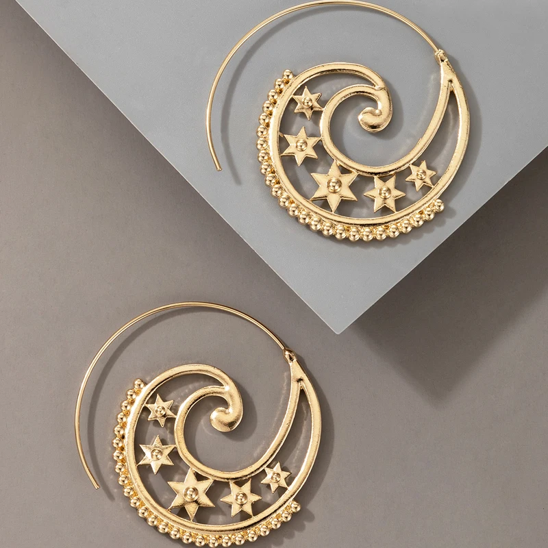 Tocona Vintage Star Spiral Earrings for Women Gold Color Alloy Metal Hollow Geometric Gypsy India Jewelry Gift Accessories