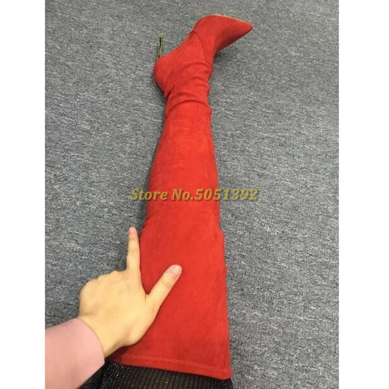 Stretch Over The Knee Boots Blade Metal Heel Skim Women Suede Winter Runway Boots Pointed Toe Suede Red Apricot Black Shoes