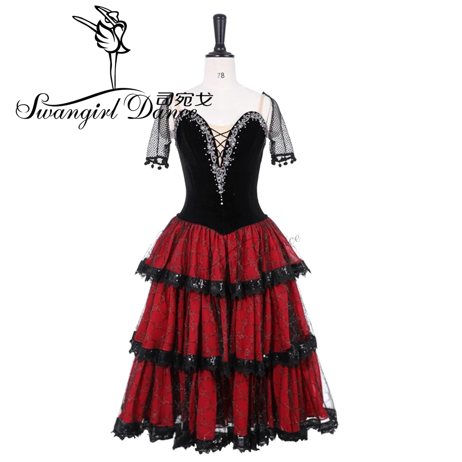 Short Sleeve Professional Ballet Costumes Black Red Ballet Long Tutu Dress Spanish Kitri Romantic Tutu Don Quixote Variation9500