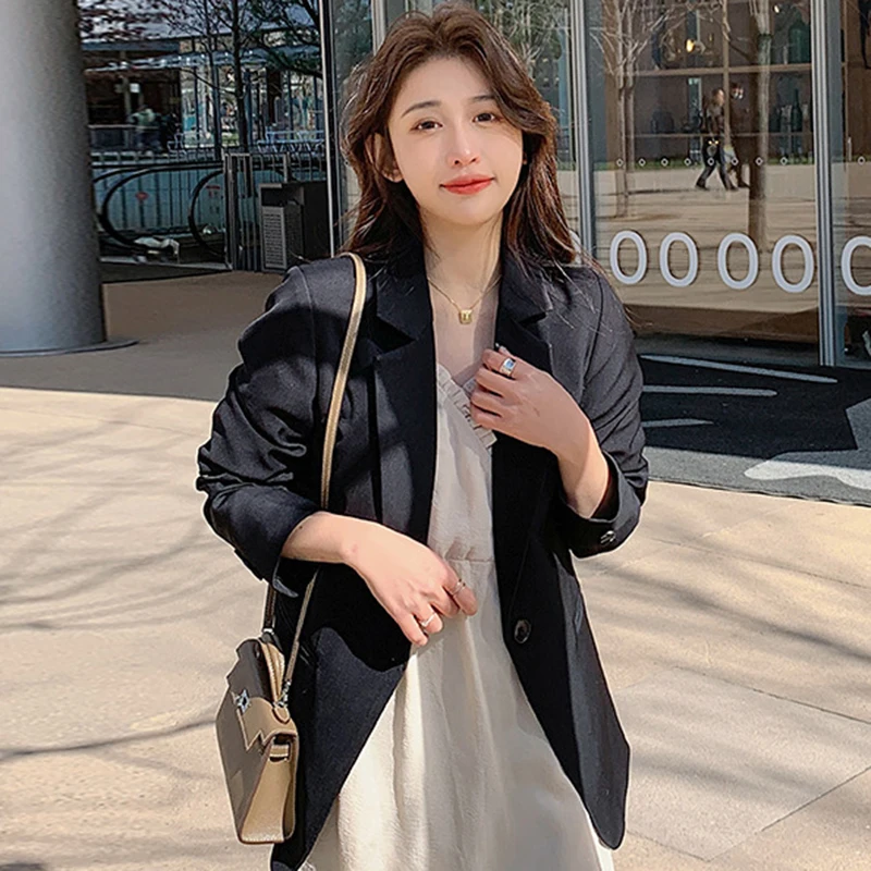 New Spring Autumn Turn Down Collar Women Blazer England Style Black Loose Female Suit Coat One Button Full Sleeve Outwear