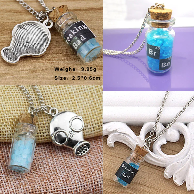 TV Breaking Bad Metal Pendant Necklace Inspired Crystal Sky Blue Vial Cork Bottle Necklace for Woman Men Keyring Jewelry