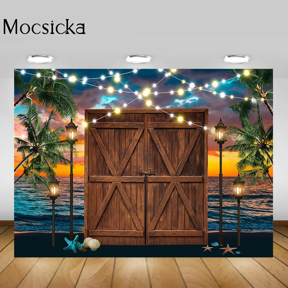 Seaside Sunset Portrait Backdrop Photocall Brown Retro Door Summer Tropical Party Background Sea Beach Light Plam Trees Photo