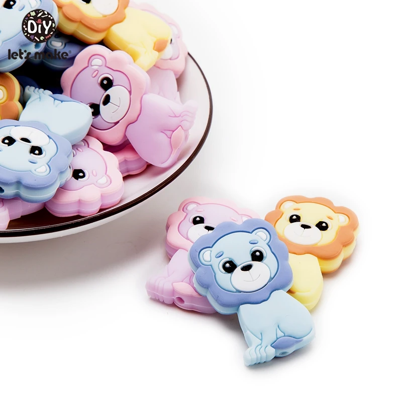 Let\'s Make 5pc Baby Silicone Teether Beads Cartoon Lion Teething Toys Baby Diy Accessories Shower Gifts Baby Teether