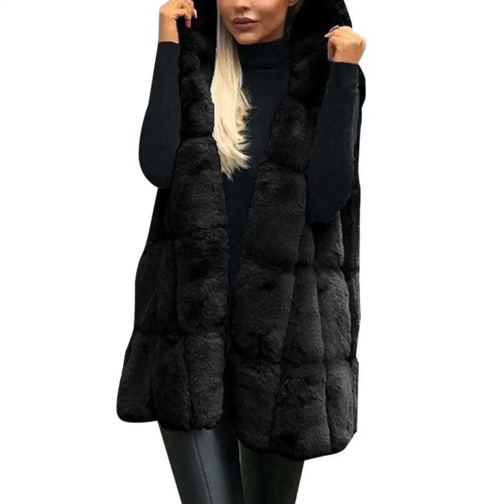 Winter Thick Vest Jacket Faux Fur Casual Solid Color Hooded Waistcoat Long Knit Oversize Women Jacket Vest