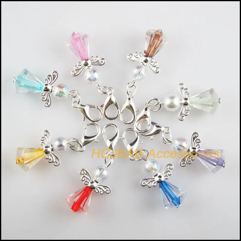 16 New Angel 14x25mm Charms Mixed Teardrop Acrylic Silver Plated Retro With Lobster Claw Clasps