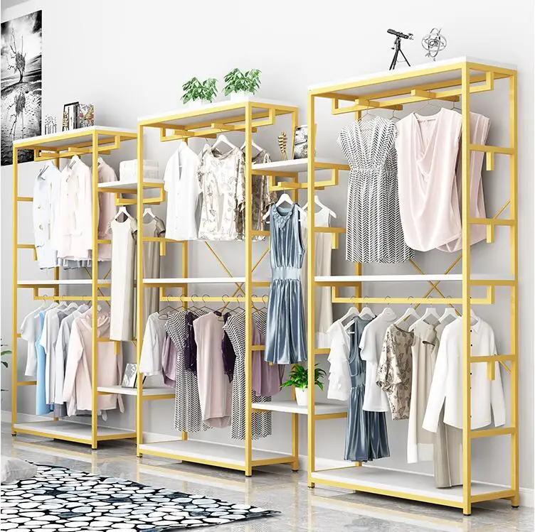 Clothing store display rack floor type men's and women's clothes shelf display shelf middle island clothes rack double layer clo