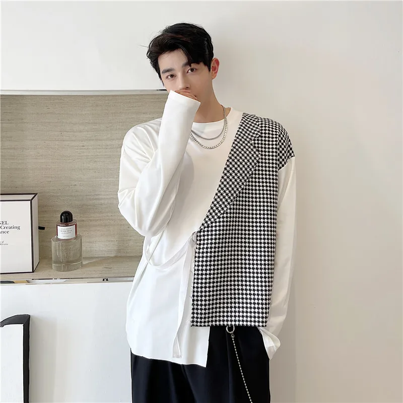 Fake two-piece Pullover men's autumn hairdresser fashion young men's thousand bird lattice color contrast splicing casual coat