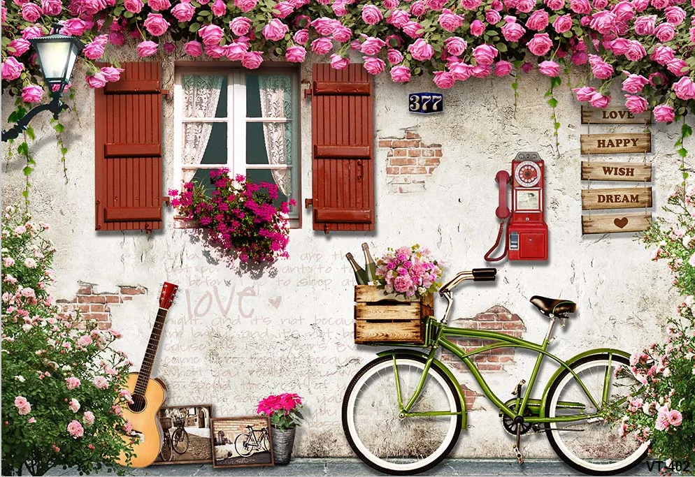 Stadt Valentinstag Hintergrund Weiße Ziegel Wand Gitarre Fahrrad Blumen Liebe Thema Foto Hintergrund Liebhaber Porträt Photo