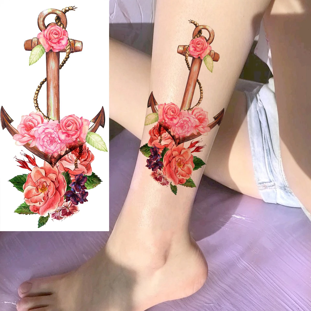 Watercolor Lily Flower Butterfly Temporary Tattoos For Women Adult Girl Peony Rose Anchor Fake Tattoo Arm Waterproof Tatoo Decal