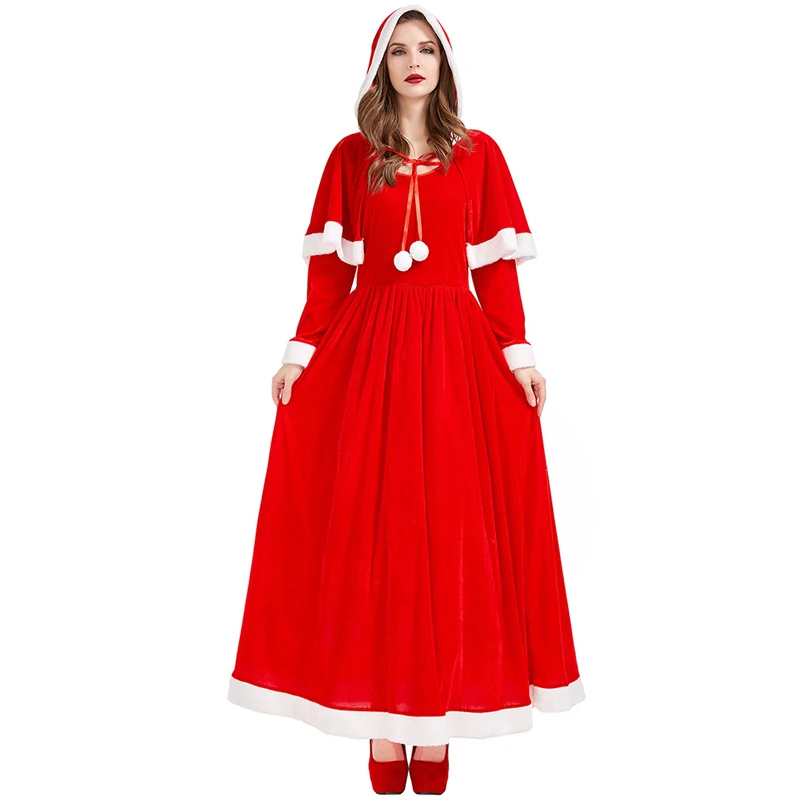 Lady Santa Claus Costume Flannel Floor Length Dress With Shawl Christmas Xmas Cosplay Fancy Party Dress Carnival Halloween