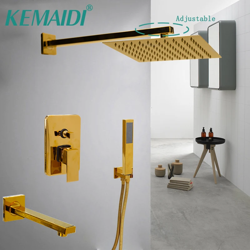 

KEMAIDI Wall Mount Golden Shower Faucets Set Ultrathin Rainfall Gold Shower Hot Cold Water Mixer Tap Bathroom Gold Shower Kit