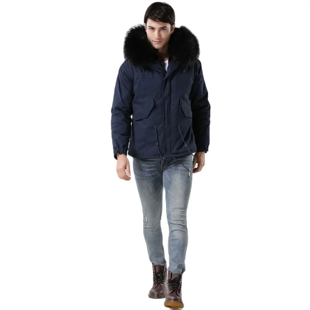 Winter Jacket Coat Men Black Faux Fur Lined Parka Navy Outer Shell Short Style Overcoat Big Fur Collar Trimming