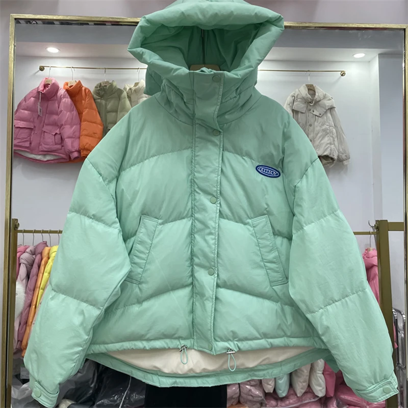 2024 Short Hooded Winter Down Jacket New Korean Loose White Duck Down Coat Candy Color Female Thicken Parkas Loose Outwear Tops