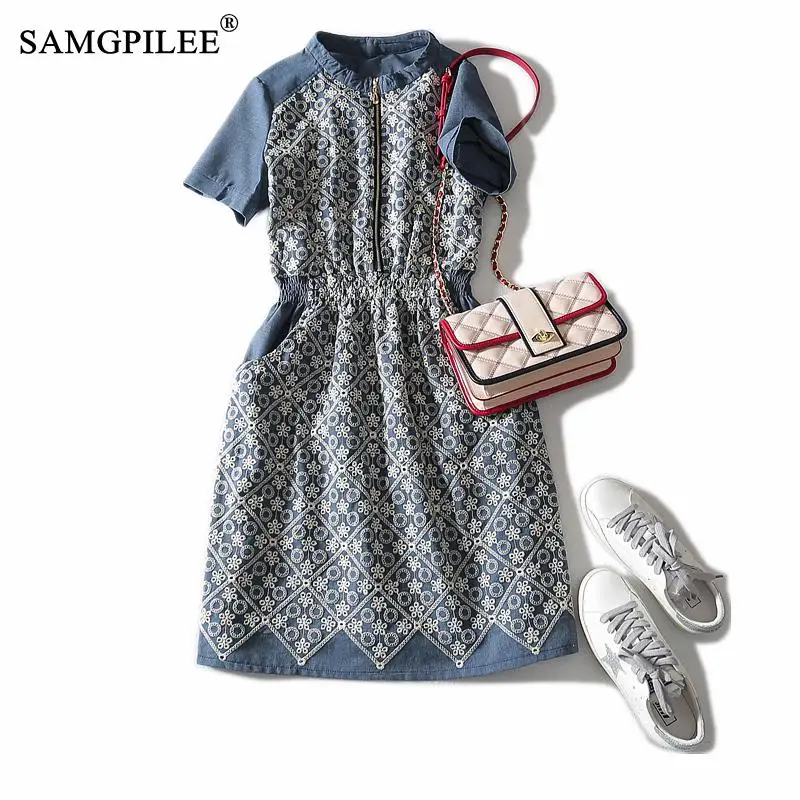 

Dresses Summer 2020 Woman Office Lady Print Short Sleeve Embroidery Dress For Women Knee-length Stand Collar Summer Dress 4XL