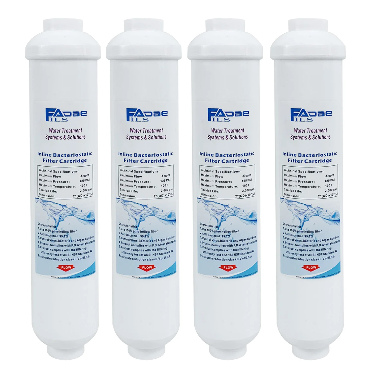 

4 PACK 0.2 Micron Inline Hollow Fiber Membrane Filters 1/4" Port, 2" Dia. X 10" Long Undersink Ultra Filtration